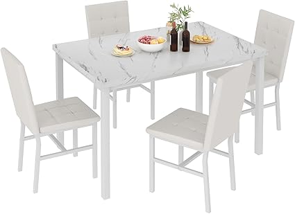5-Piece Marble Dining Table Set with 4 Upholstered Chairs