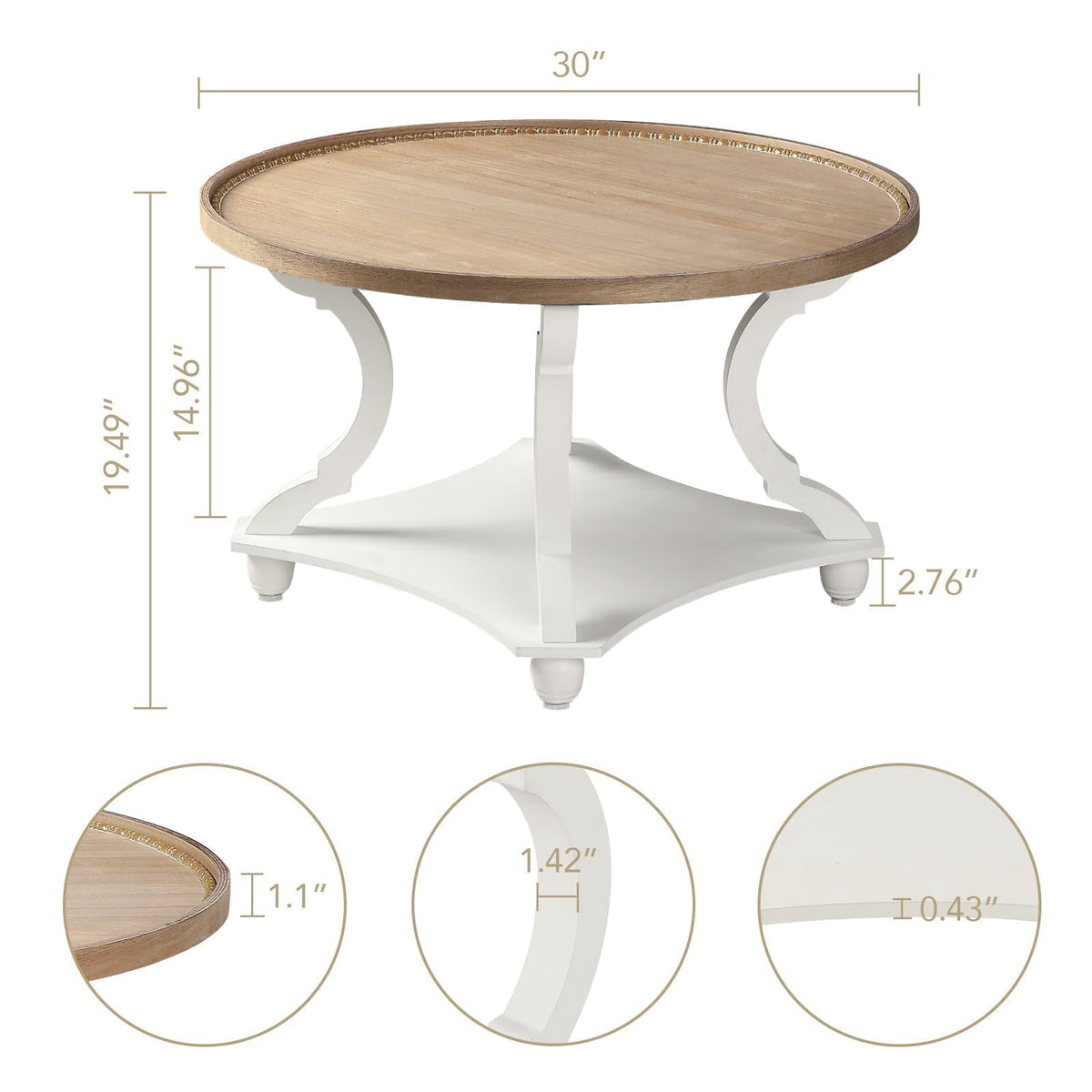 Wnutrees Farmhouse Round Coffee Table, Wood Tray Top with Storage Shelf