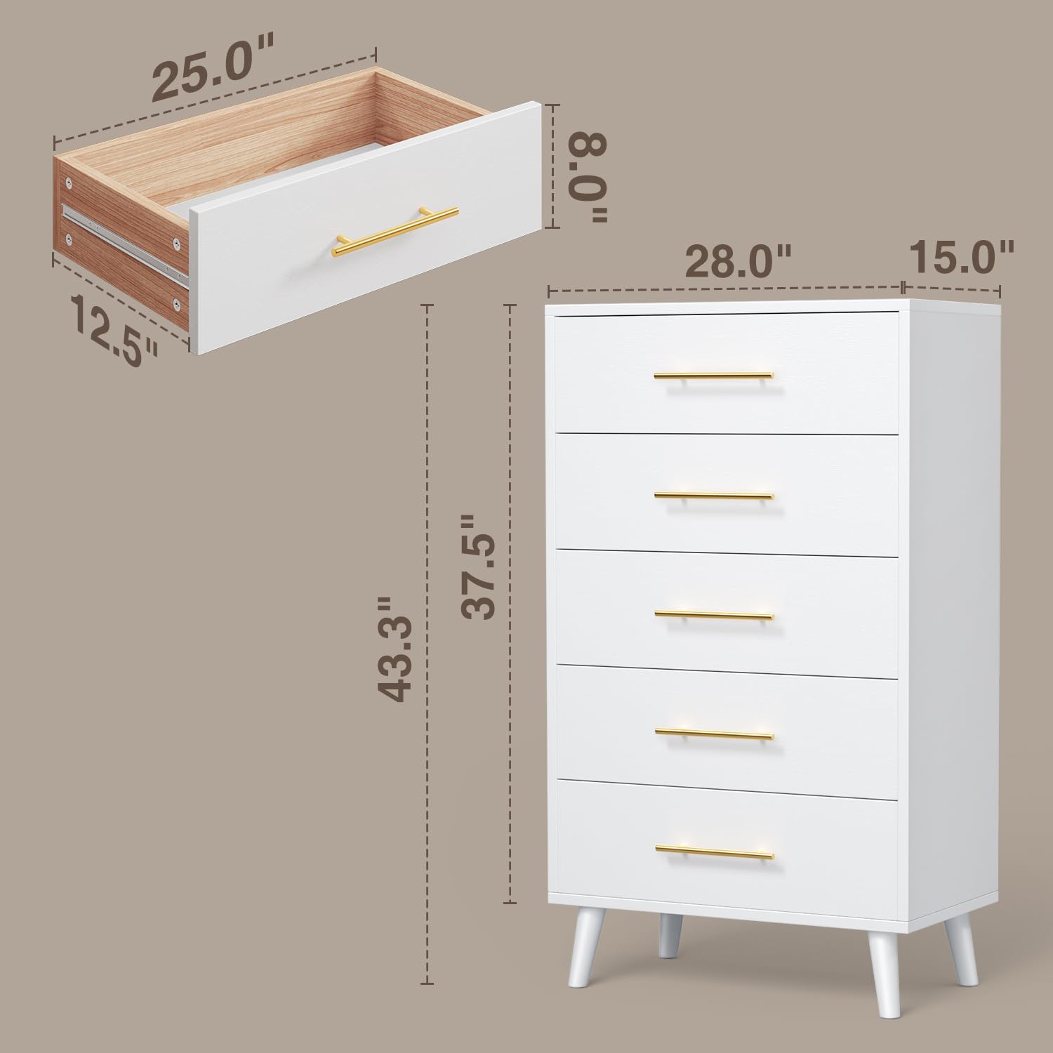 Aiho 5 Drawer Dresser, Tall Dresser with Metal Handles, Wood Storage Organizer for Bedroom, Hallway, or Entryway, White