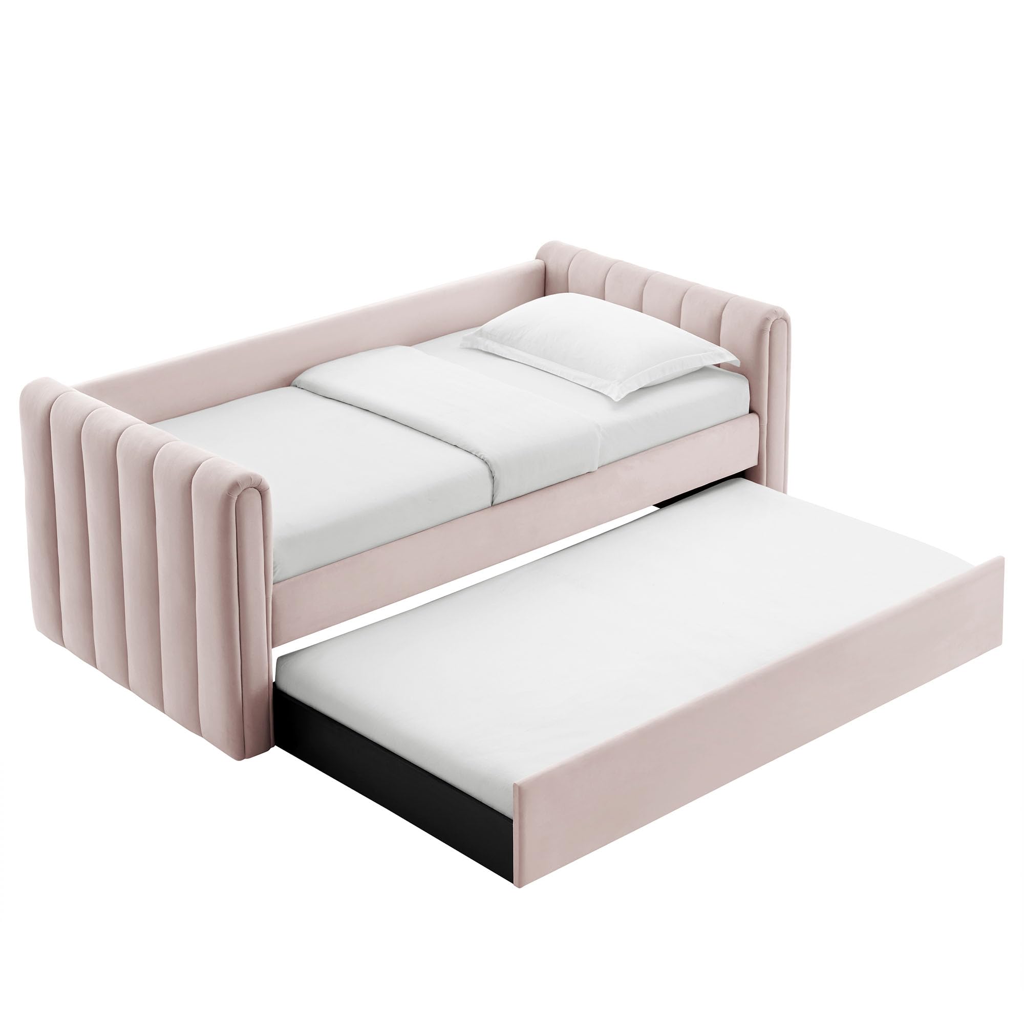 Veyla Twin Size Performance Velvet Daybed in Pink with Trundle – Channel Tufted Upholstered Sofa Bed with Wood Slat Support