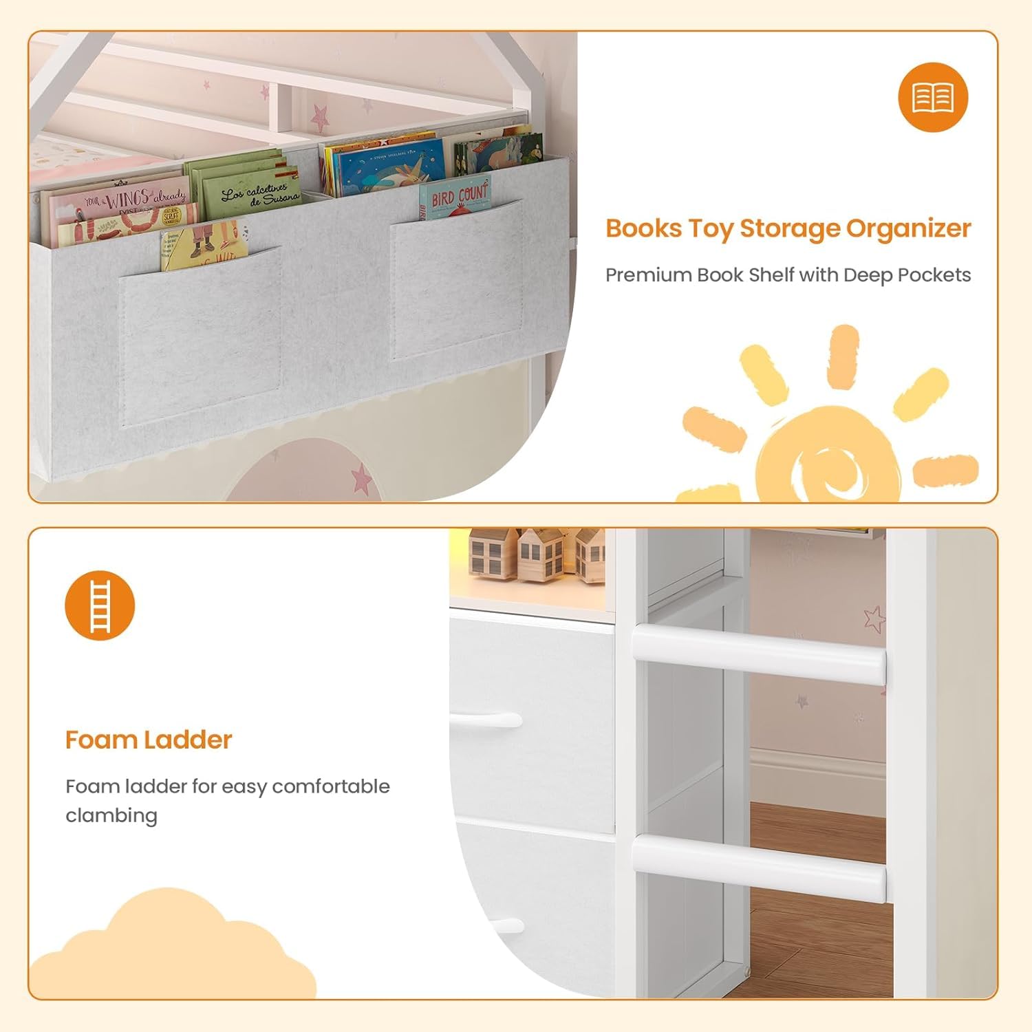 Twin Low Loft Bed with 8 Storage Drawers, LED Lights & House Design
