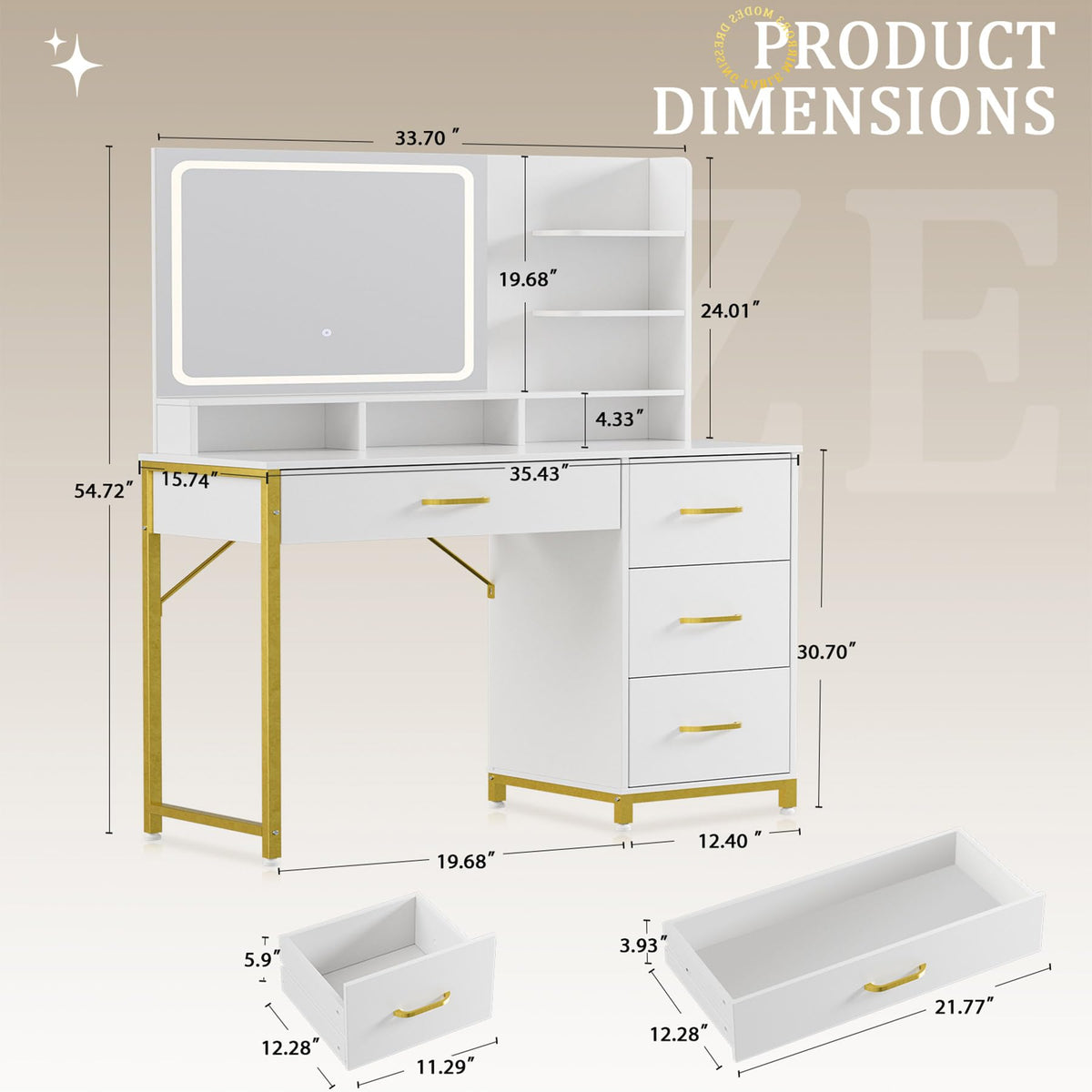 White and Gold LED Makeup Vanity