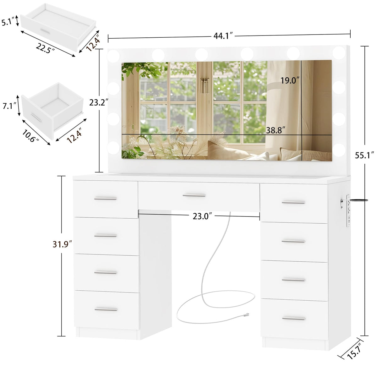 9-Drawer Vanity Desk with LED Mirror