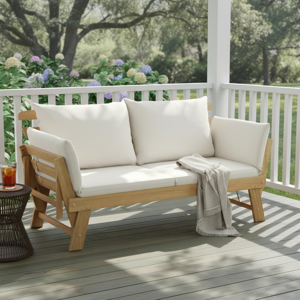 Acacia Wood Outdoor Daybed with Adjustable Armrests & Cushions