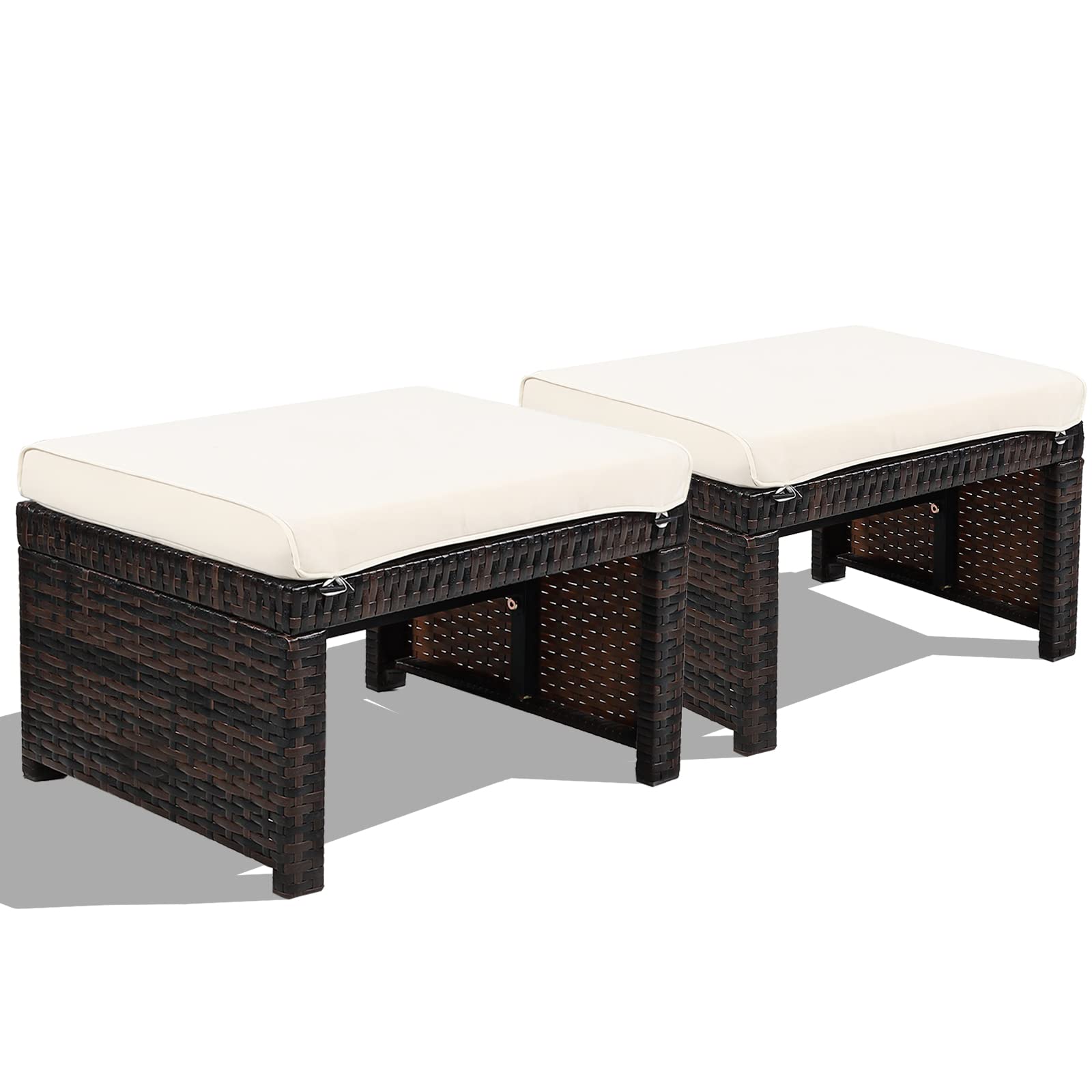 2-Piece Outdoor Rattan Ottoman Set with Cushions