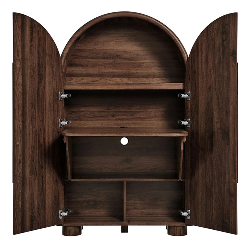 Modway Bellamy Fold-Out Desk Cabinet in Walnut – Modern Arched Storage Cabinet with Drop-Down Desk – Contemporary Space-Saving Writing Desk with Concealed Storage and Shelving