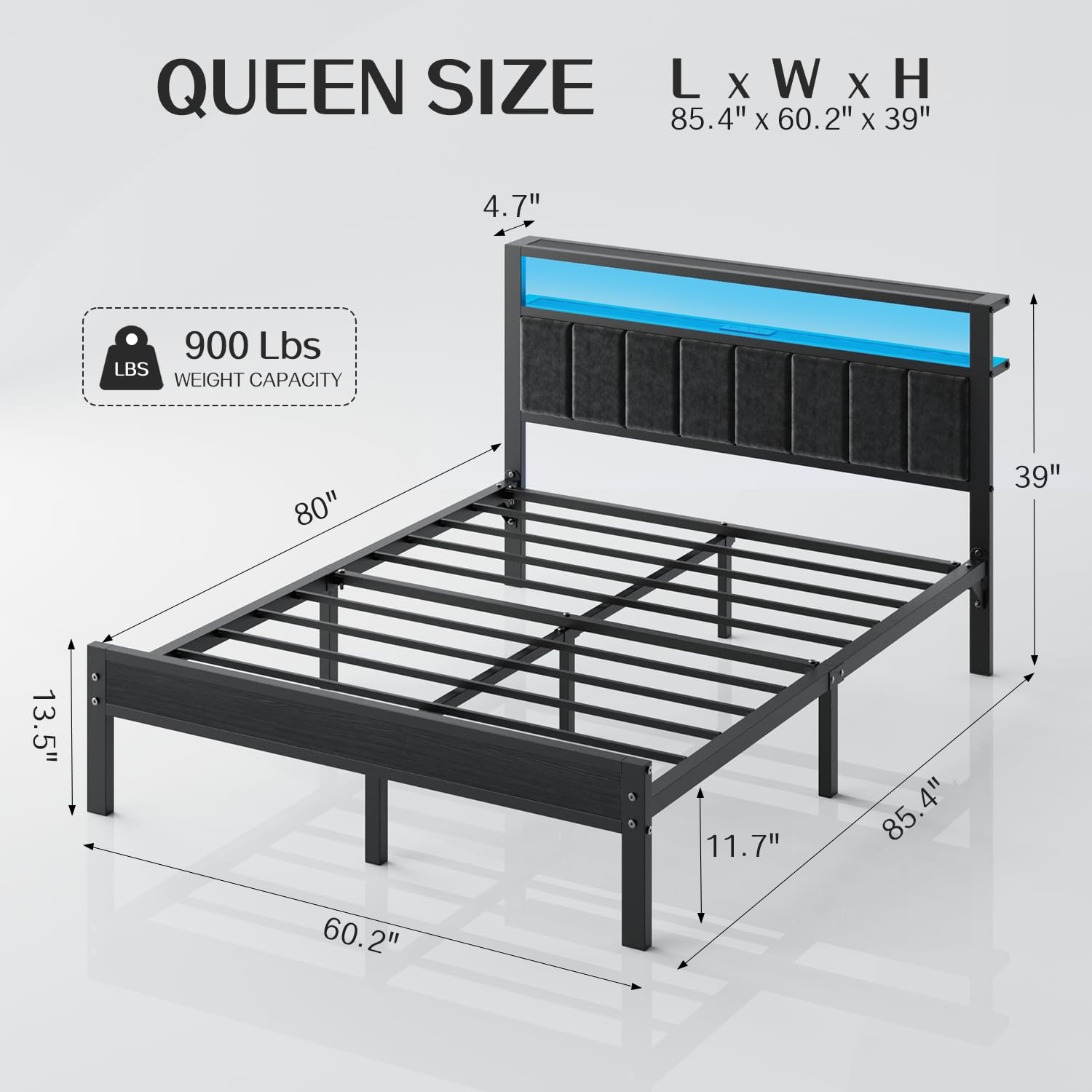 Platform Bed Frame with LED Lights & Charging Station