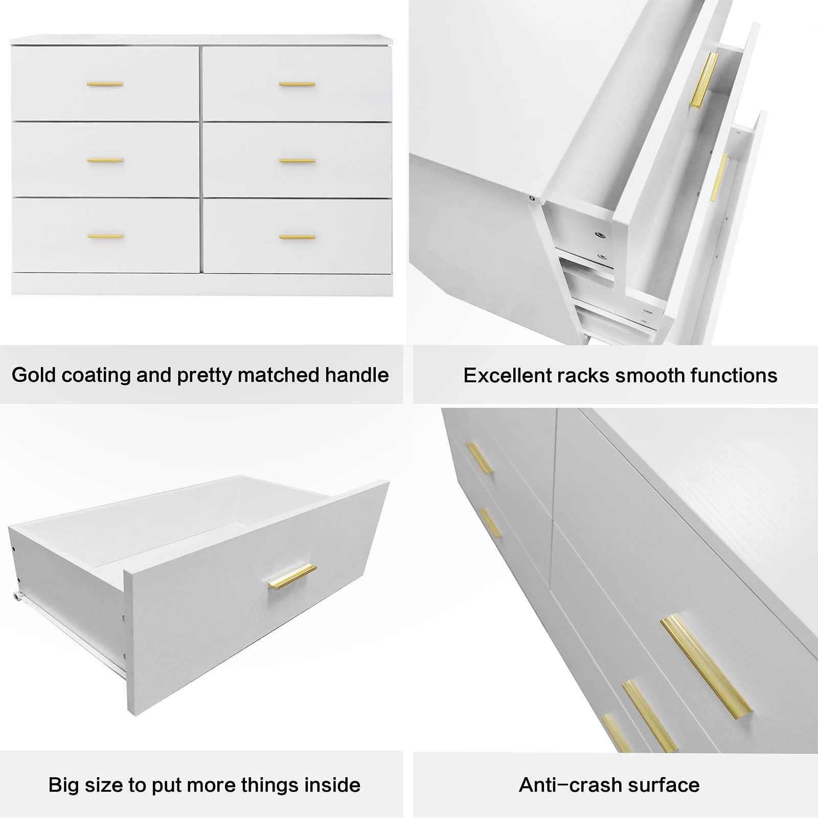 YMW 47" Modern White Dresser for Bedroom, 6-Drawer Wooden Chest of Drawers with Gold Handles,Wide Storage Cabinet for Living Room, Kid&Nursery Entryway
