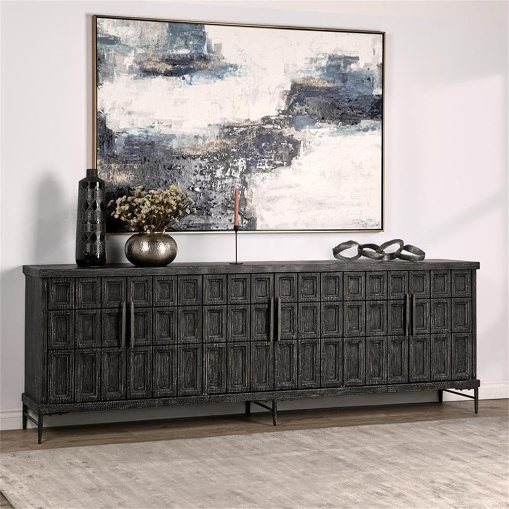 Pemberly Row Transitional 6-Door Sideboard Buffet, Reclaimed Pine Wood, Black Finish, Embossed Geometric Design, Ample Storage, Wire Management, Handcrafted Eco-Friendly Dining Room or Living Room