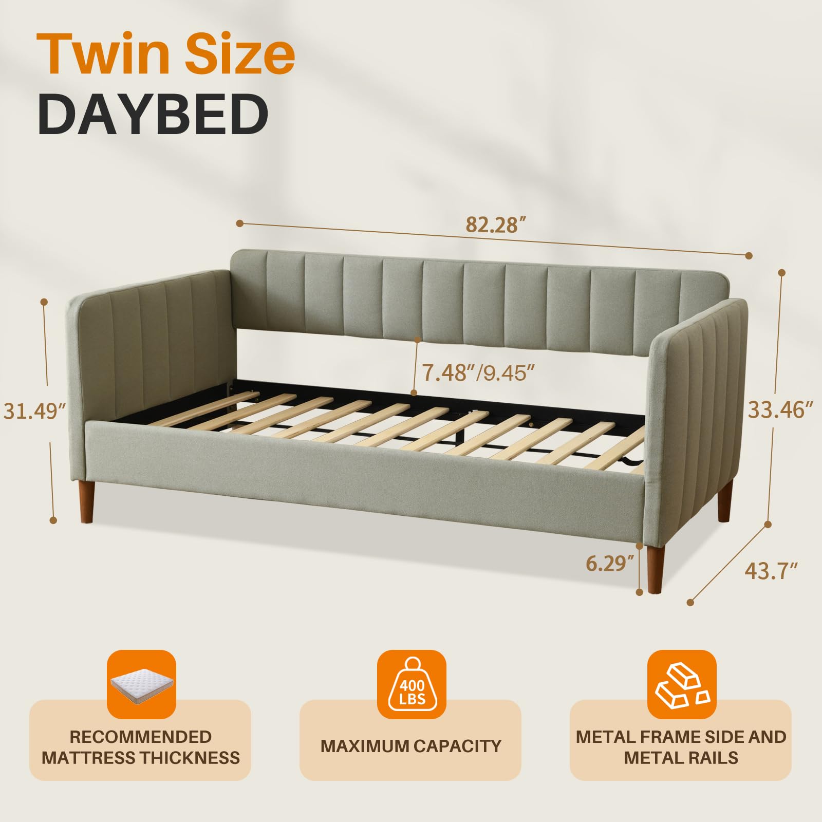 Twin Upholstered Daybed with Adjustable Backrest & Wood Slats