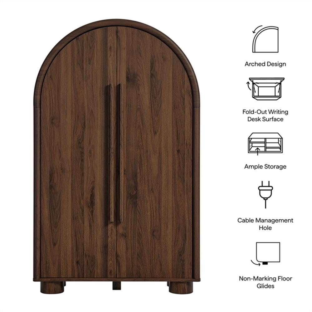 Modway Bellamy Fold-Out Desk Cabinet in Walnut – Modern Arched Storage Cabinet with Drop-Down Desk – Contemporary Space-Saving Writing Desk with Concealed Storage and Shelving