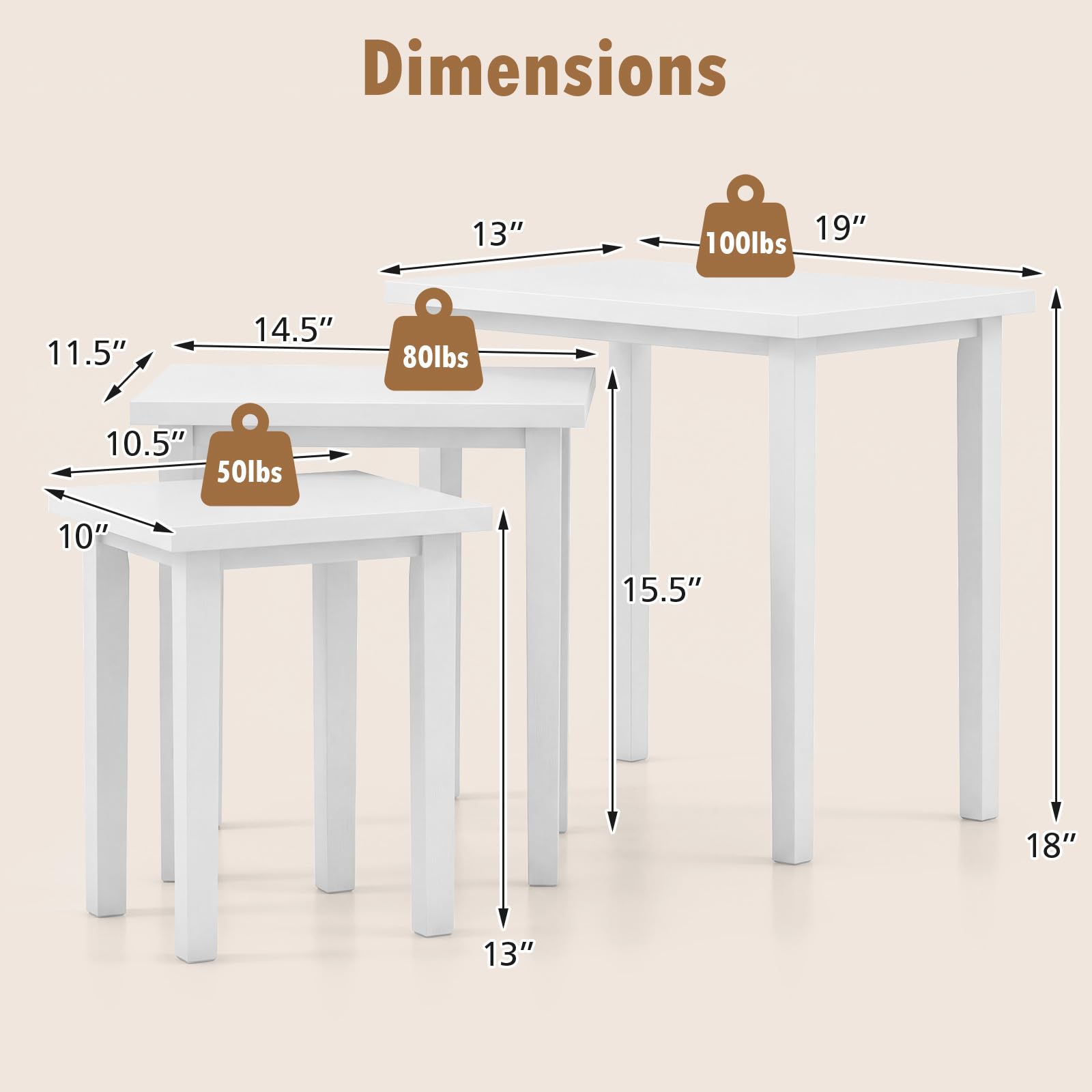 Farmhouse Nesting Side Tables – Set of 3, Wood & Rubber Legs