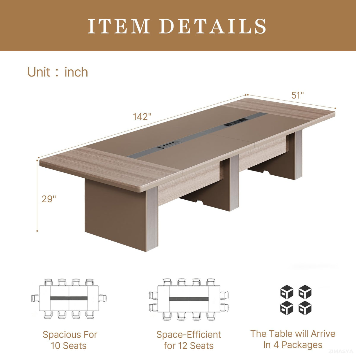 Spacious 12FT Executive Conference Table – Modern Rectangular Boardroom Table with Dual Cable Grommets, 1.6" Thick Top, Seats 10–12, Ideal for Office, Studio, or Training Rooms