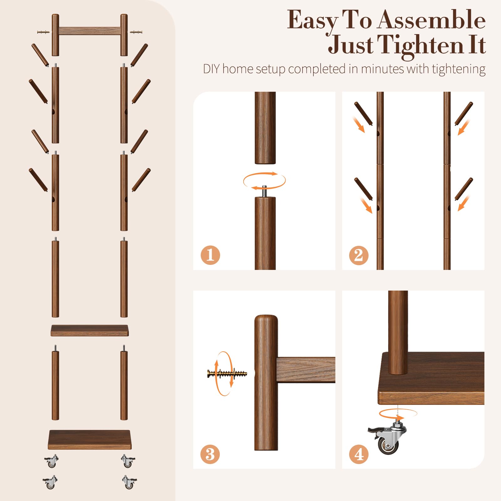 Solid Wood Rolling Coat Rack with Hooks & Shelves