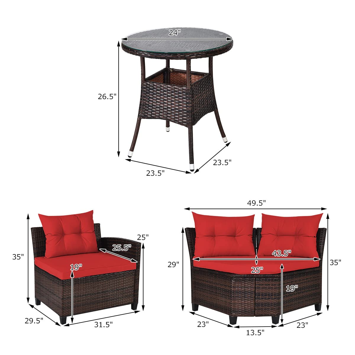 Tangkula 4-Piece C Shape Patio Furniture Set, Outdoor Corner Wicker Rattan Sectional Cushioned Sofa Set, with Glass Coffee Table, for Garden Poolside Balcony (Red)