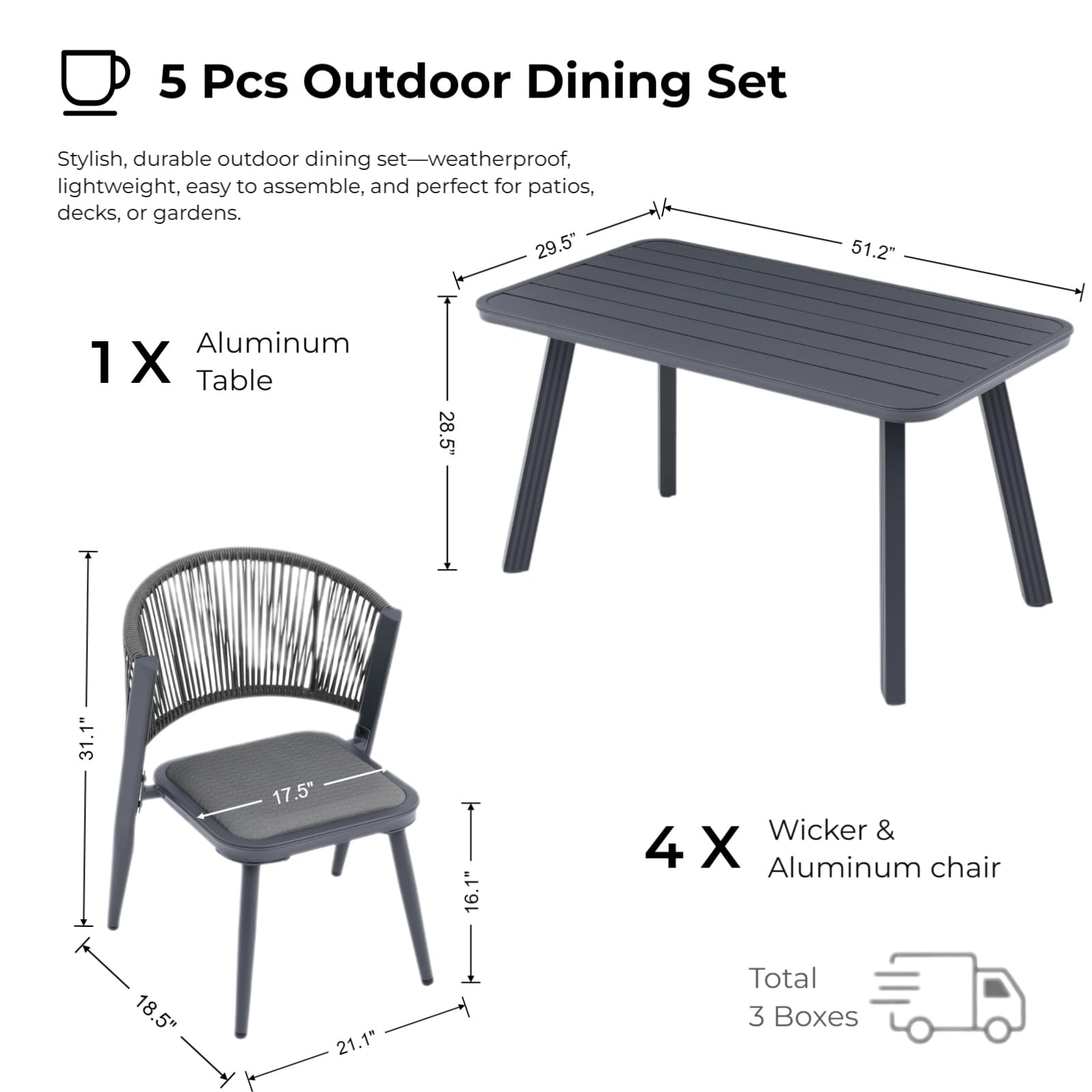 AXMOLM 5 Pieces Patio Dining Set Outdoor Table and Chairs,Woven Rattan Wicker Chair Outdoor Dining Set for 4, All Weather Aluminum Frame Oudoor Funiture Set for Backyard Porch and Deck