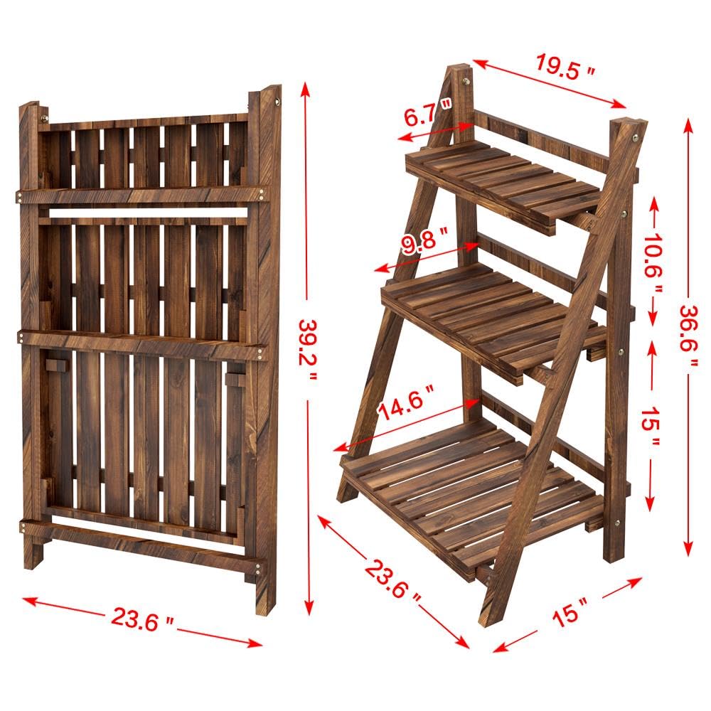 Yaheetech Wooden Plant Stand, 3-Tier Foldable Ladder Shelf, Indoor Outdoor