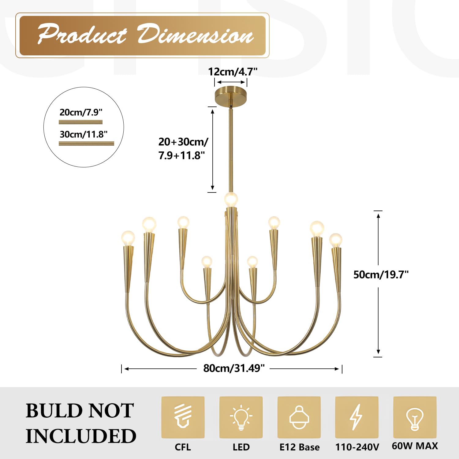 Magiroz 9 Light Modern Farmhouse Gold Candle Chandelier Light Fixtures Large Vintage Brass Metal Candle Pendant Lighting Rustic Industrial Candlestick Chandelier Hanging Dining Room Light MPL26-9 GD