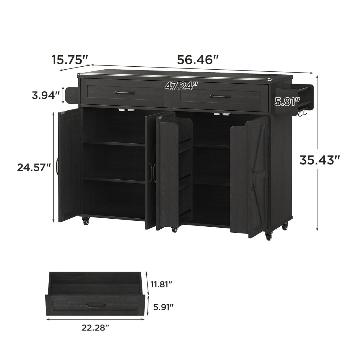 Mobile Kitchen Island, Kitchen Island Cart with 2 Drawers and Charging Station, Island Table for Kitchen, Home Bar Carts with Storage, Kitchen Rolling Island with Spice Rack and Towel Rack,Black