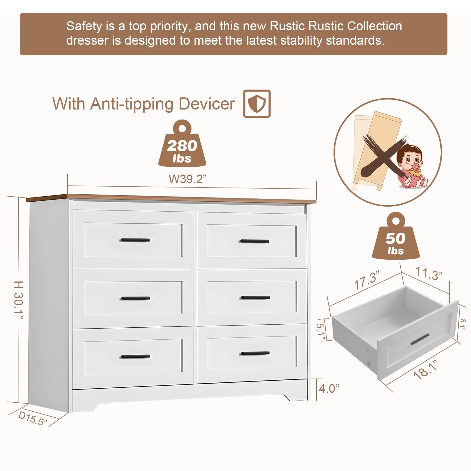 GEPELCN Farmhouse Dresser for Bedroom 6 Drawers Dresser with Power Outlets Rustic Chest of Drawers with Natural Texture White Organizer for Living Room Hallway