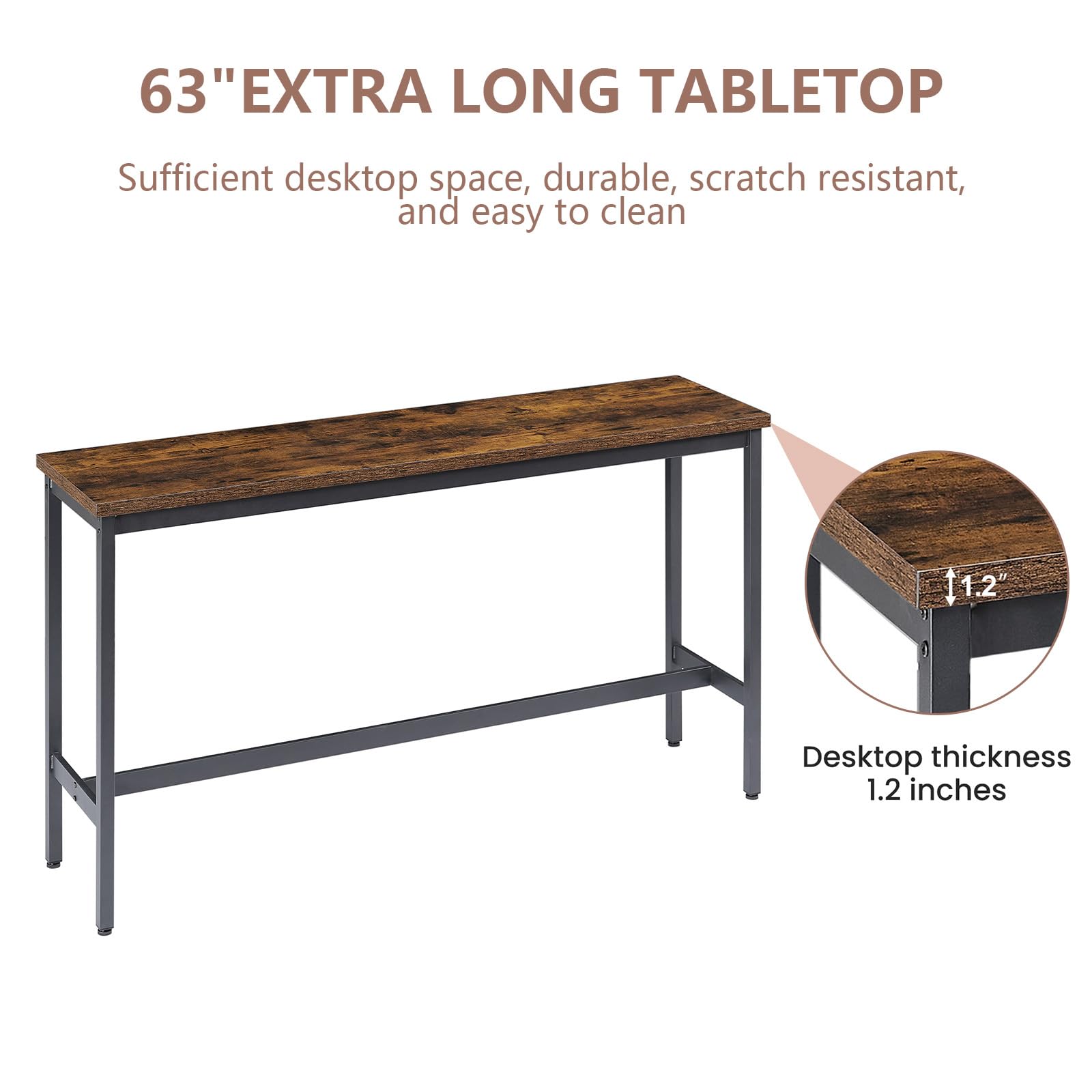 Cudalw Bar Table and Chairs Set for 3, 63" L Rectangle Sofa Table with 3 PU Upholstered Stools, 4 Piece Industrial Counter Height Dining Table Set for Living Room Kitchen Restaurant, Brown
