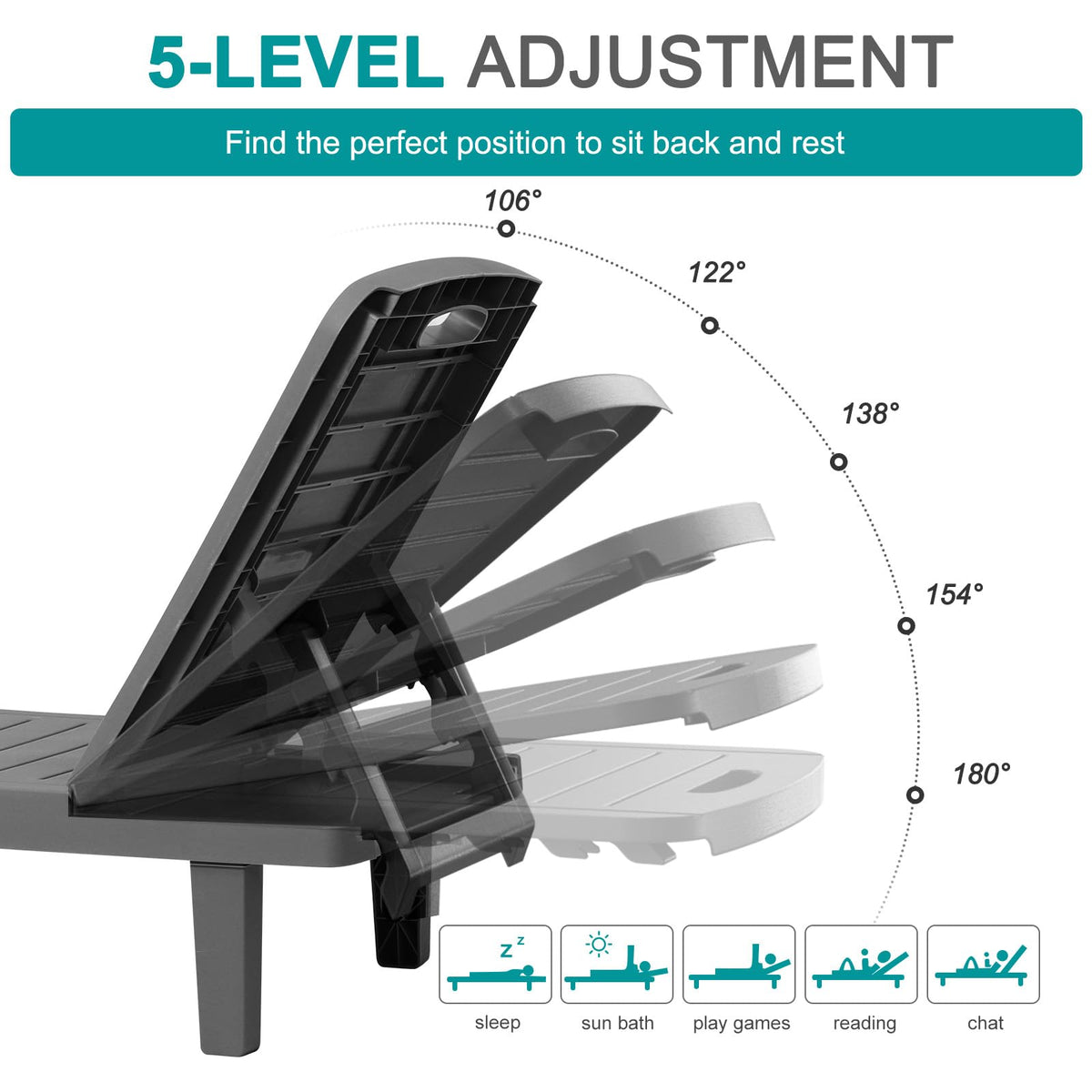 WACASA Outdoor Chaise Lounge Chairs Set of 2, Oversized Lounge Chairs with 5-Level Adjustable Backrest & Cup Holder, Resin Waterproof Pool Lounge Chair for Poolside, Patio, Beach, Yard, Black
