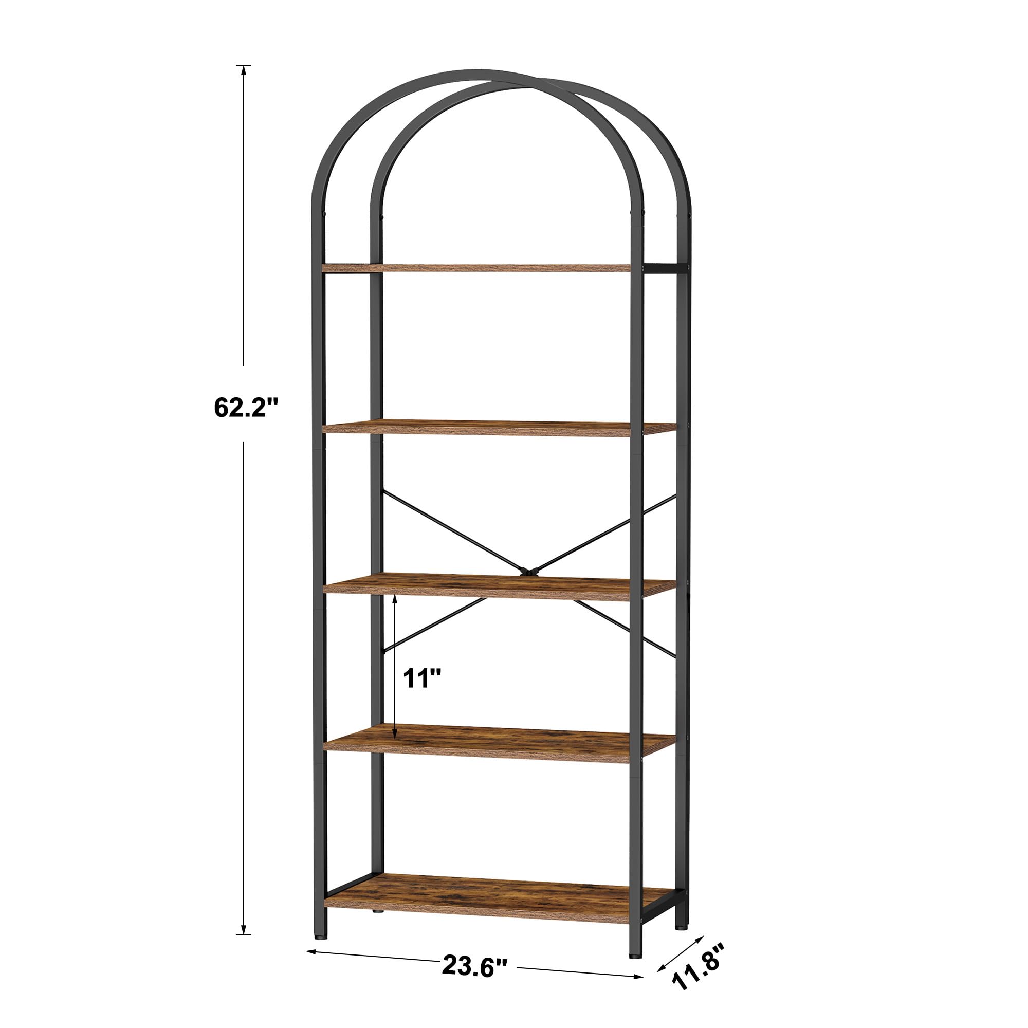 Homhedy 5-Tier Bookshelf Arched Display Racks, Wood and Metal Bookcase, Tall Bookshelf, Industrial Display Standing Shelf Unit, for Home Office, Living Room, Bedroom, Bathroom, Rustic Brown