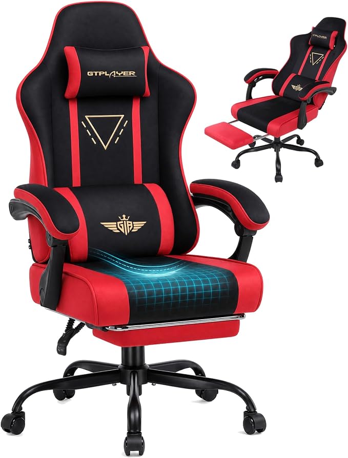 Black Fabric Gaming Chair with Footrest