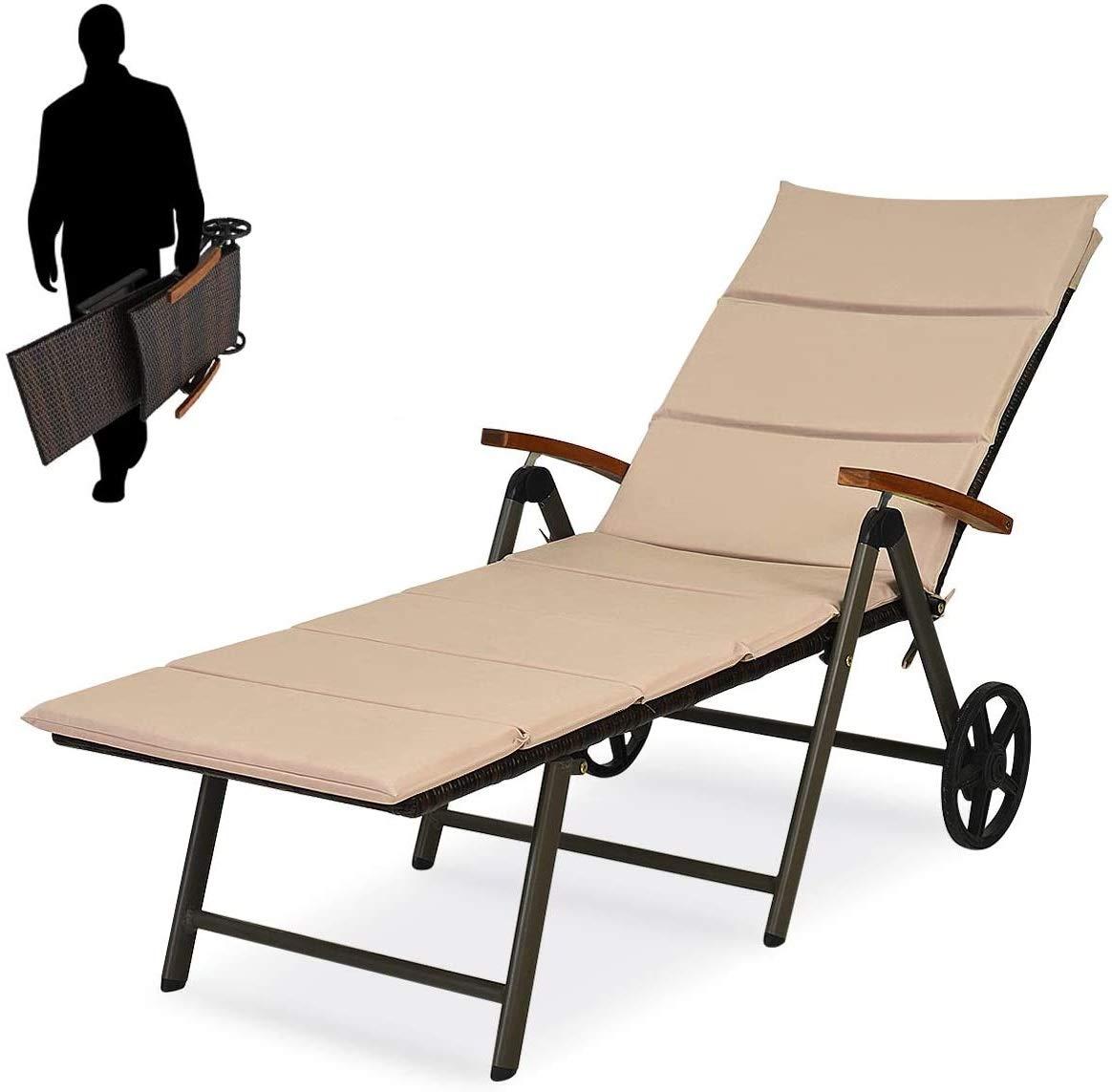 HAPPYGRILL Patio Chaise Lounge with Adjustable Backrest and Soft Cushions Folding Recliner Wicker Lounger Chair with Wheels
