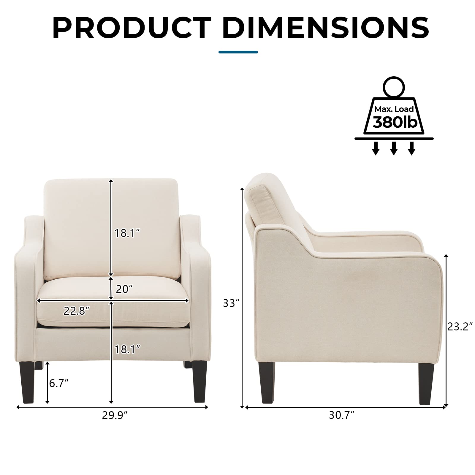 VINGLI Mid Century Modern Accent Chair, Beige Fabric Accent Chairs for Living Room Upholstered Armchair Sofa with Scooped Arms for Bedroom, Apartment, Studio, Office, Waiting Room