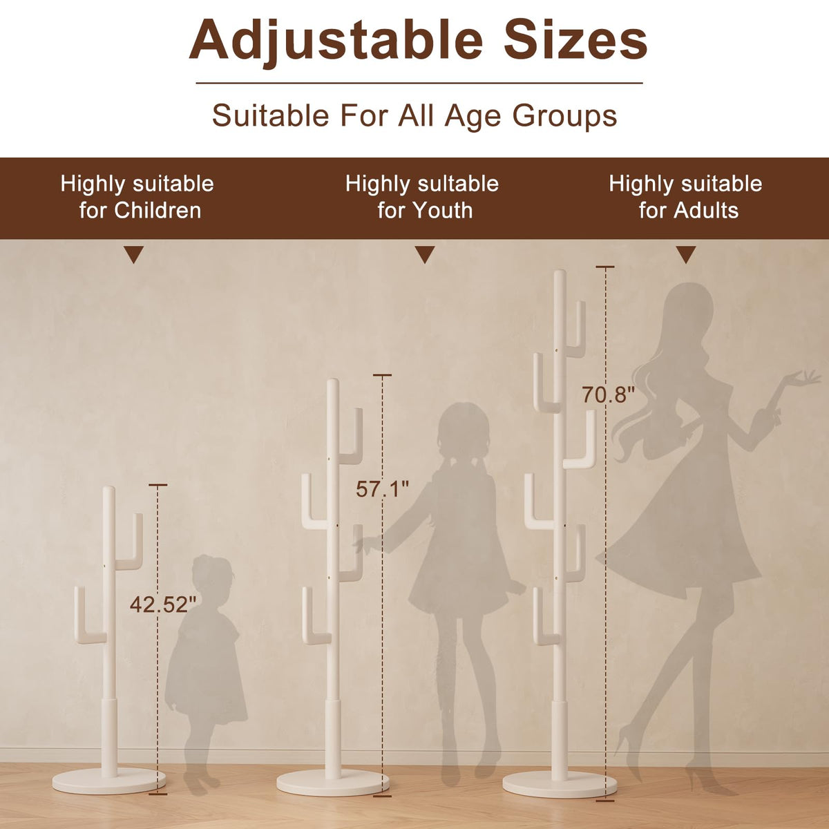 Muwuele Solid Wood Cactus Coat Rack, Freestanding Coat Rack With 6 L-Shaped Hooks and 3 Adjustable Sizes, Coat Tree for Bedroom, Entryway, Livingroom, Coat Hanger Stand for Coats, Handbags (White)