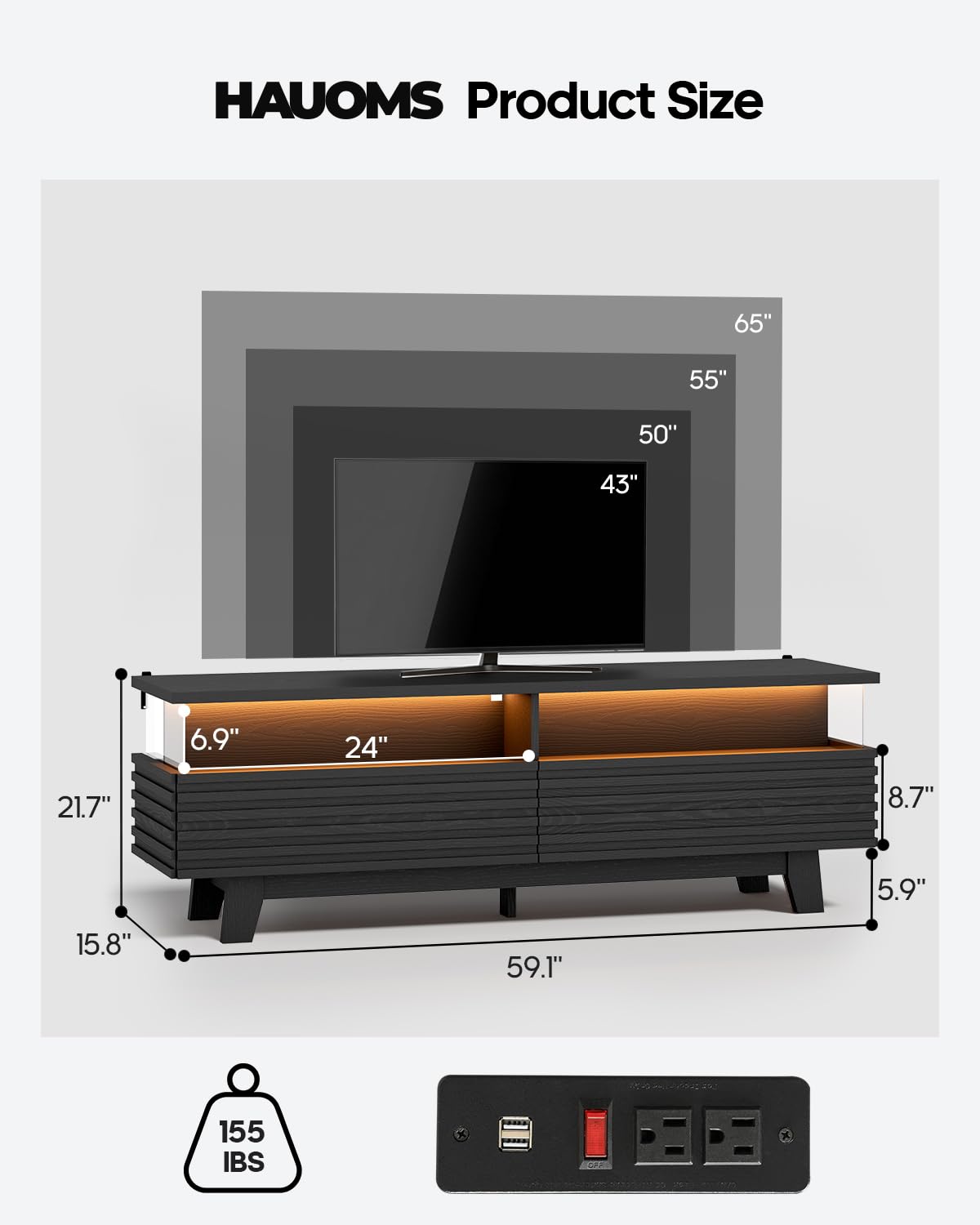 HAUOMS TV Stand with Cable Management, LED, Power Station (Black, 59")