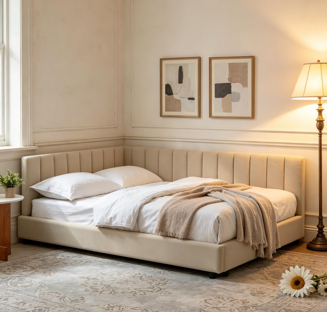 Bellemave Full daybed, Full Corner Bed, Upholstered Sofa Bed Frame with Comfortable Backrest and Armrests for Kids,Teens,Adults, Velvet, Beige