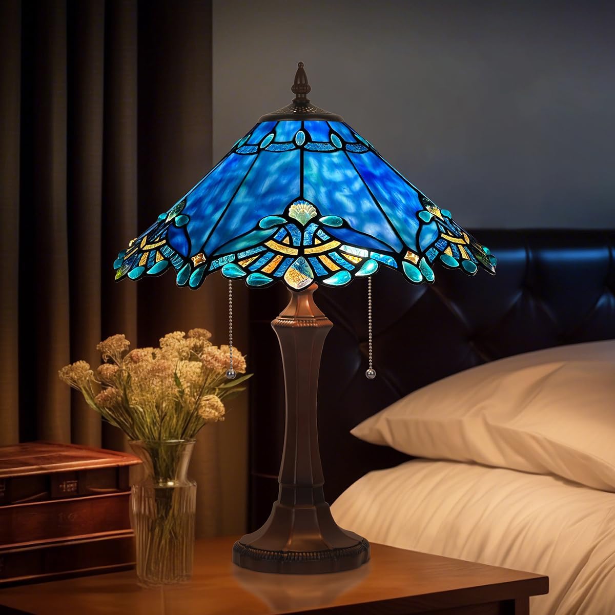COTOSS Tiffany Table Lamp for Living Room,Blue Stained Glass Table Light,Antique Style 16 inch Large Desk Lamp 2 Light Beside Reading Lamp for Bedroom Office