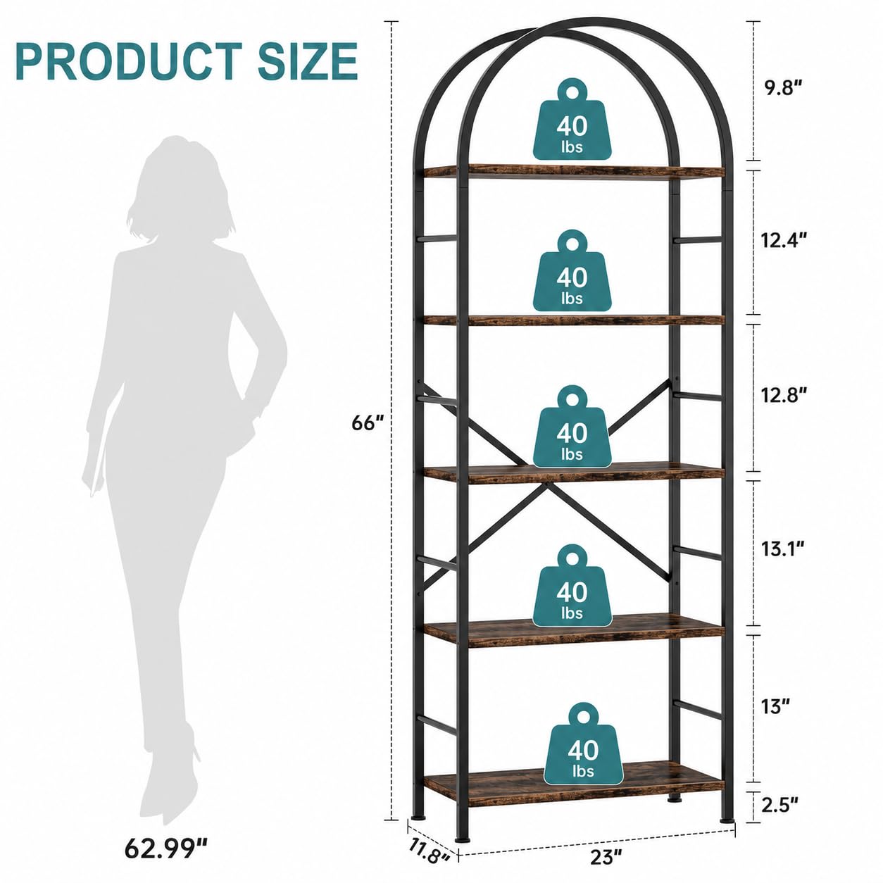 Shintenchi Bookshelf, Arched Bookshelf 5 Tier Bookcase, Tall Shelf for CDs/Books, Home Office Shelf Storage Organizer, Modern Book Shelf for Bedroom/Living Room, Rustic Brown