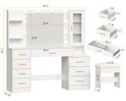 ANWBROAD 49.2" Large Vanity Desk with Mirror and Lights White Makeup Vanity Desk with Glass Top and Power Outlet 8 Drawers Nightstand 5 Hooks Vanity Table with Stool for Bedroom Women Girls UBDT88W