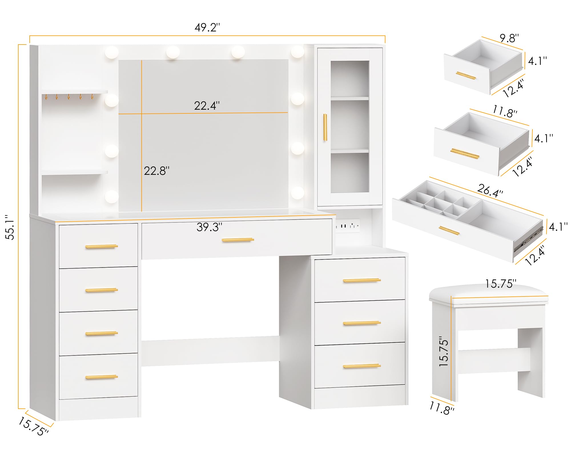 ANWBROAD 49.2" Large Vanity Desk with Mirror and Lights White Makeup Vanity Desk with Glass Top and Power Outlet 8 Drawers Nightstand 5 Hooks Vanity Table with Stool for Bedroom Women Girls UBDT88W