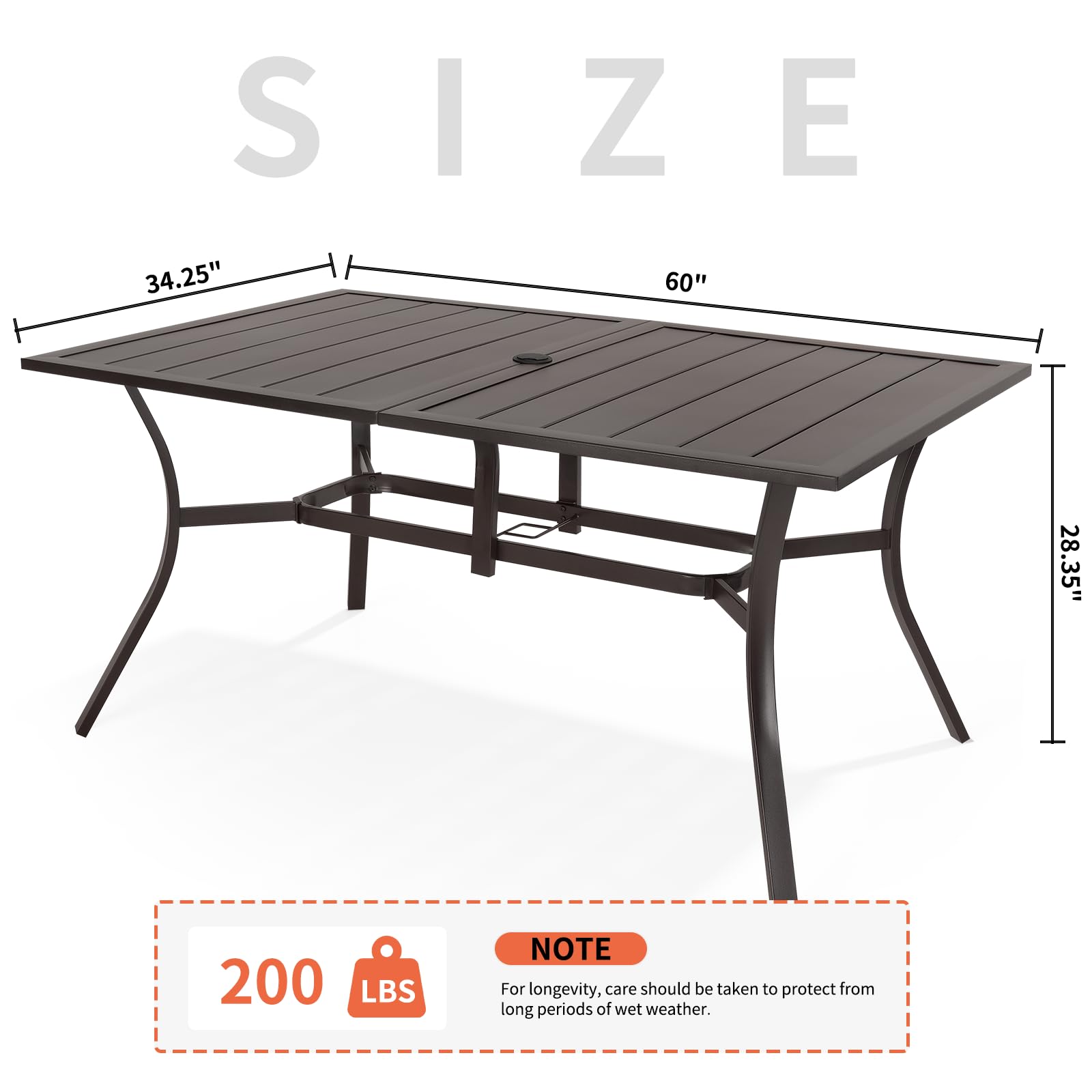 ADREAK Outdoor Metal Steel Rectangle Patio Dining Table, 6 Person Patio Table with Adjustable Umbrella Hole, Weather-Resistant for Garden Backyard Porch, Dark Brown