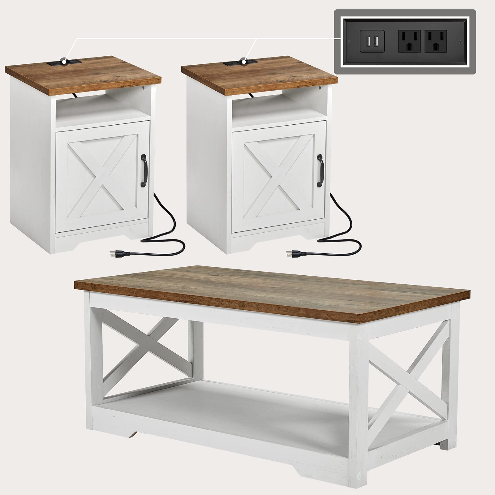 Farmhouse 3-Piece Coffee Table Set with Charging Station