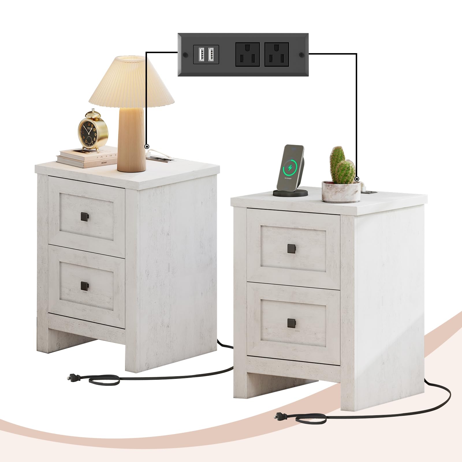 LUXOAK Nightstand Set of 2 with Charging Station, Farmhouse Night Stand with 2 Drawers Storage Cabinet, Rustic Wood Sofa Side Table for Bedroom, Office, Rustic White