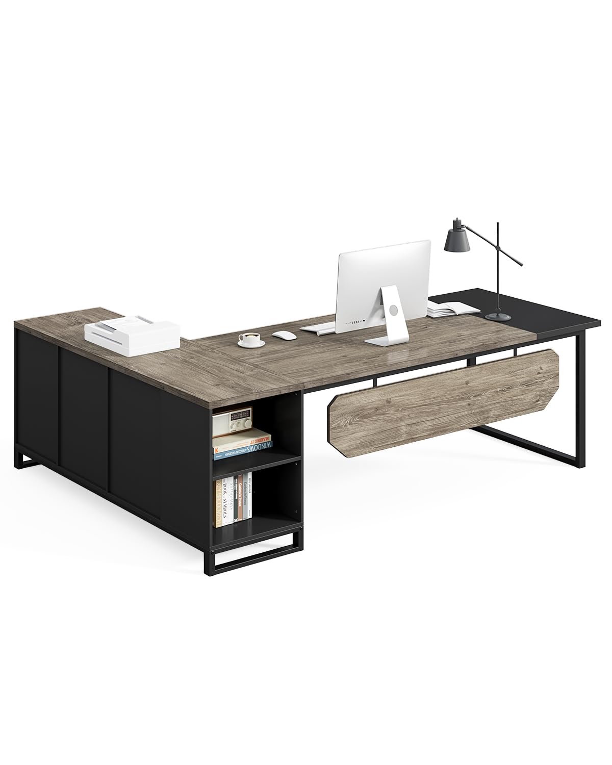 L-Shaped Executive Desk with File Cabinet, 70.8" – Grey & Black