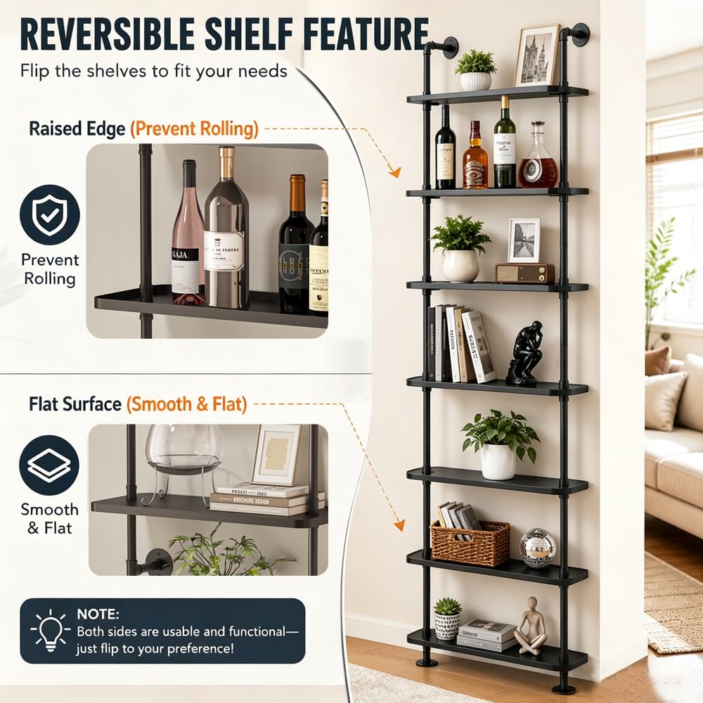 KaKaBB 6-Tier Industrial Pipe Bar Shelves, Wall Mounted Wine Rack with Edge Protection, Liquor Bottle Display Shelf for Home Bar, Kitchen & Dining Room, 78.8 Inch Tall, Black