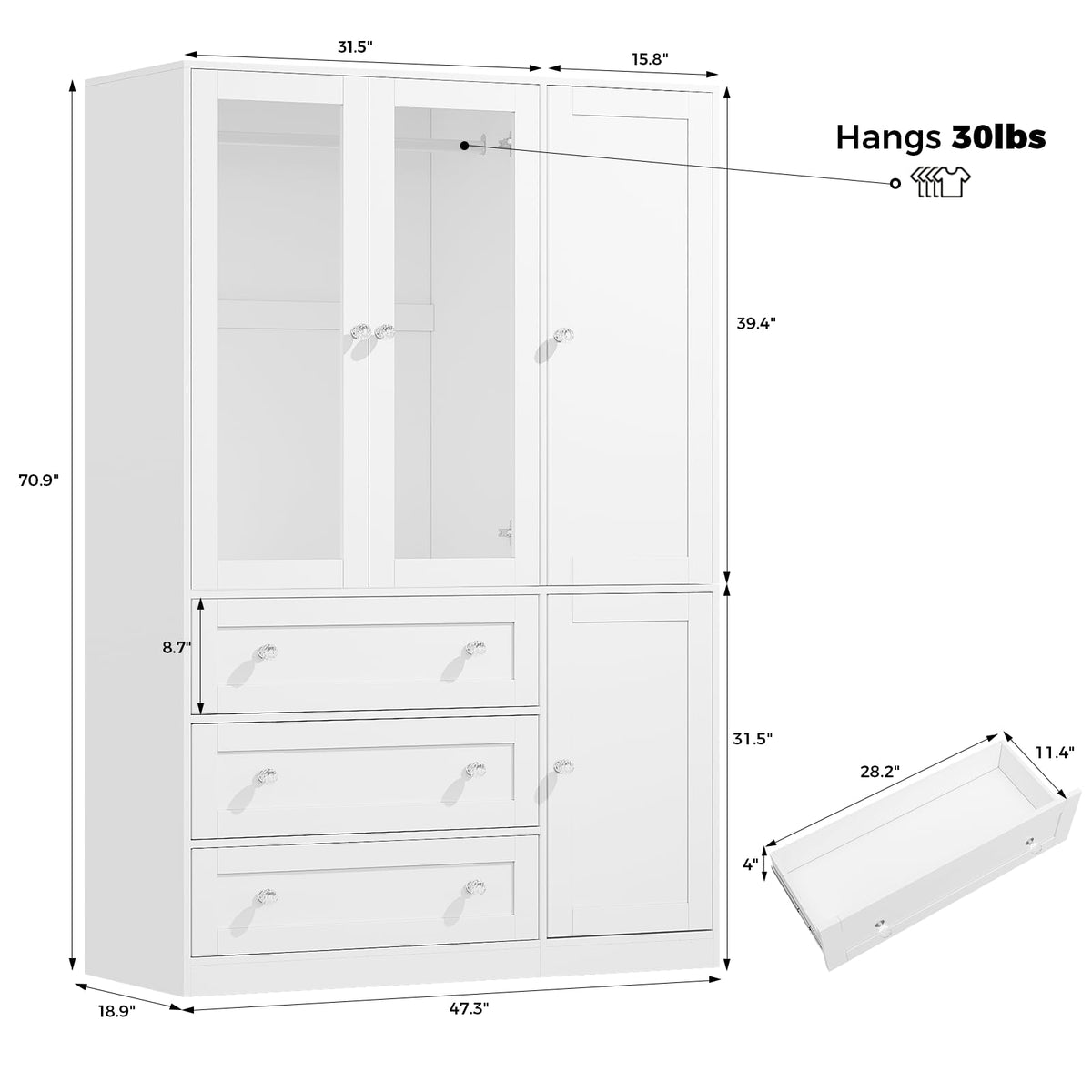 VOWNER 71" H Armoire Wardrobe Closet with LED Light Motion Sensor