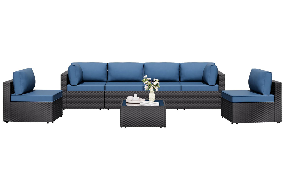 7 Pieces Outdoor Patio Sectional Sofa Couch, Wicker Furniture Patio Conversation Sets with Washable Cushions & Coffee Table for Garden, Poolside, Backyard