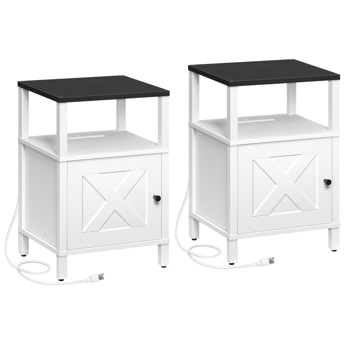 MAHANCRIS Set of 2 Farmhouse Nightstand with Charging Station, Night Stand End Table with USB Ports, Barn Door Bedside Table with Storage Cabinet, Modern Side Table for Bedroom, Small Space, Black
