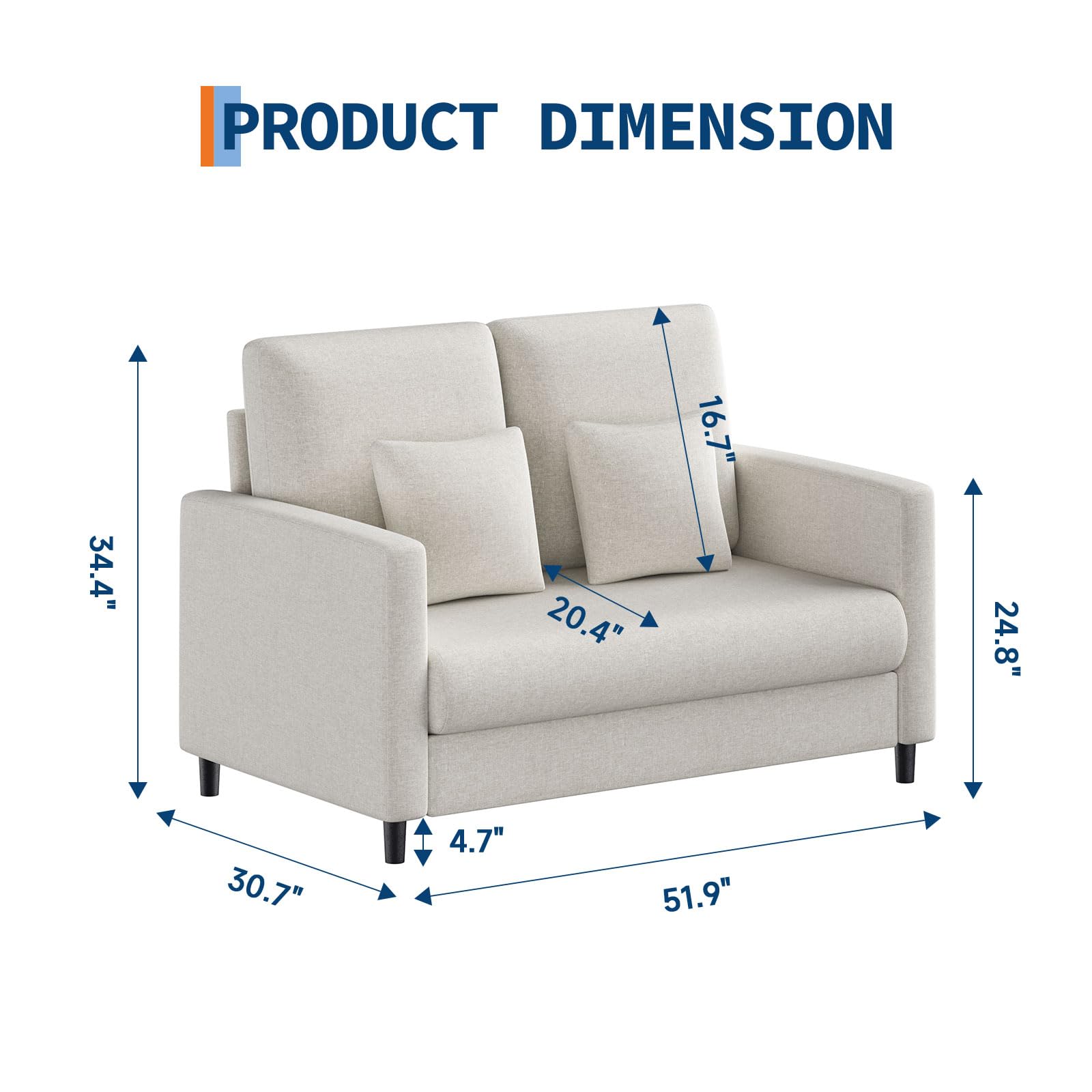 Garvee Loveseat Sofa, 52" Love Seat for Small Spaces, Mid Century Sofa Accent Chair, Solid Wood Frame, Tool-Free Assembly, Comfy Sofa Couch for Bedroom, Living Room, Beige