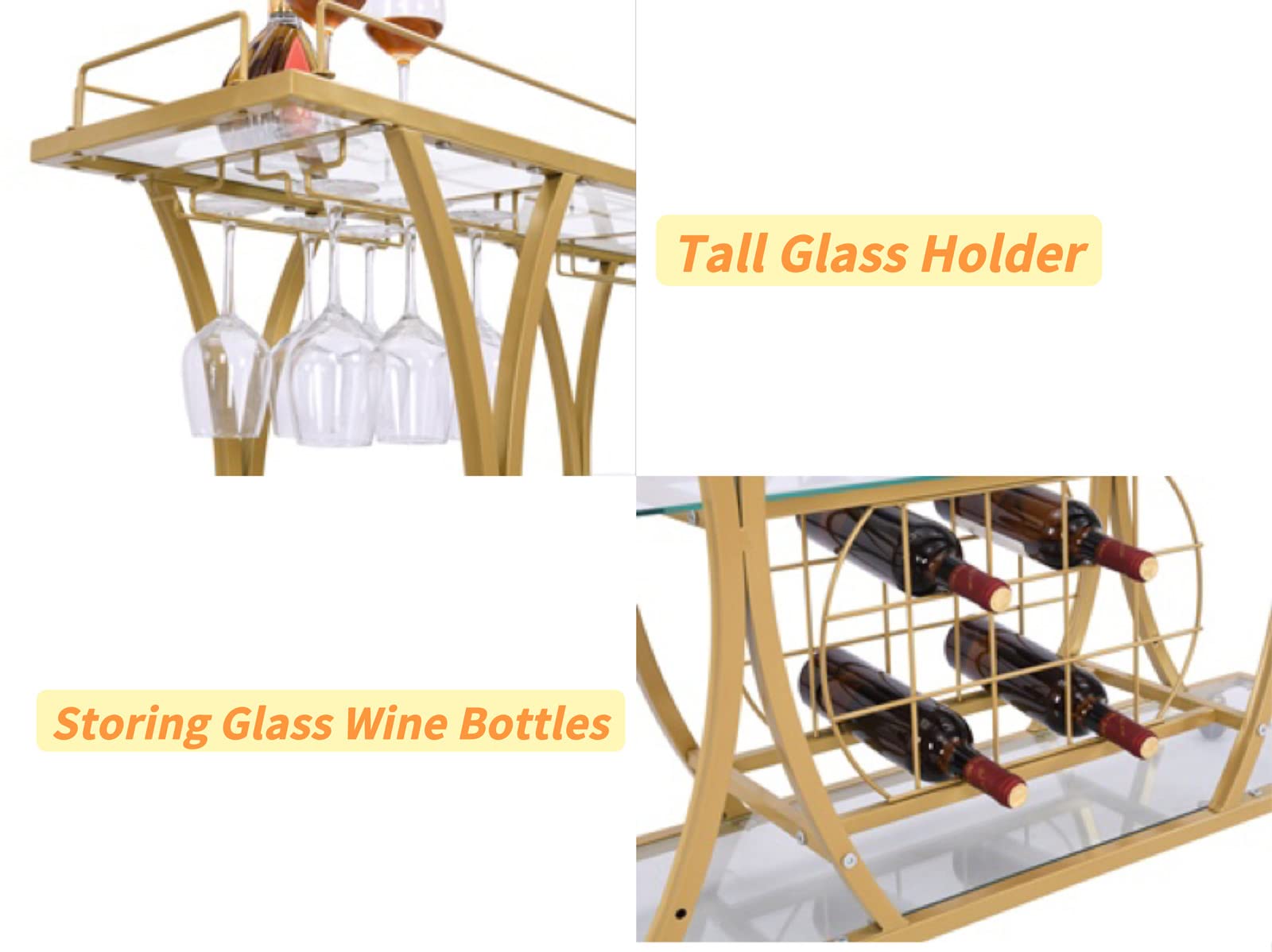 3-Tier Rolling Bar Cart with Glass Shelves