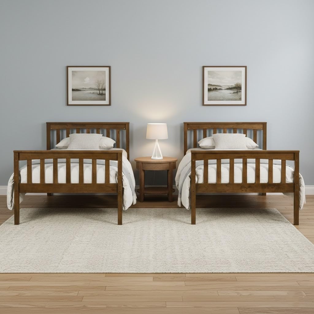 HOME DESIGN Ames Twin Over Twin Solid Wood Bunk Bed Frame, Brown