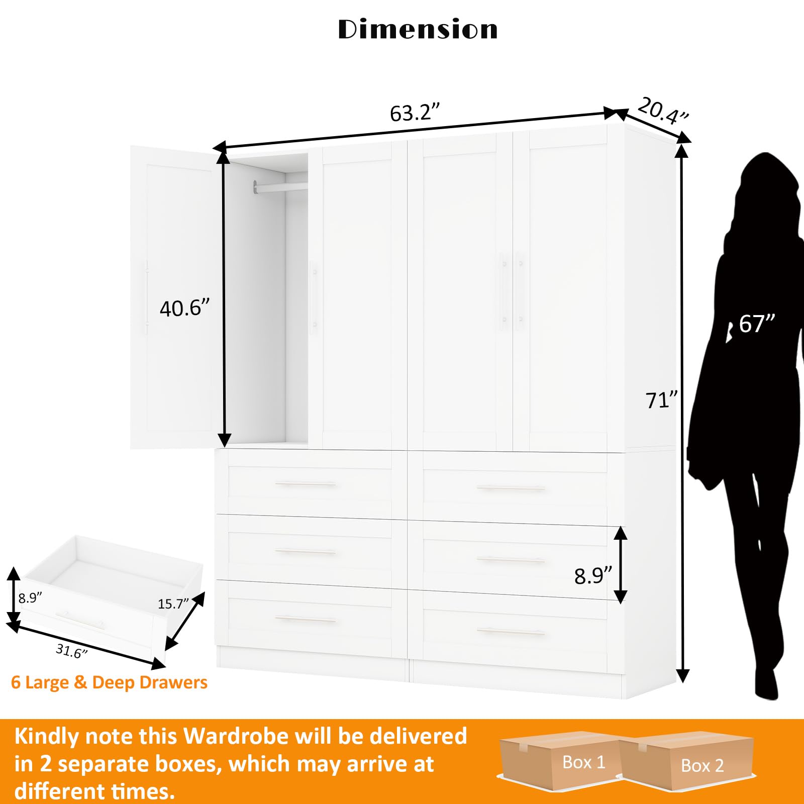 Armoire Wardrobe with 6 Deep Drawers & Doors