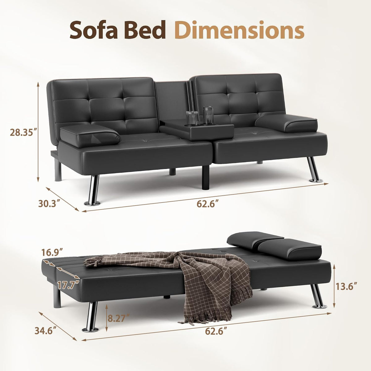Shahoo Leather Convertible Futon Sofa Bed, Folding Sleeper Loveseat Couch